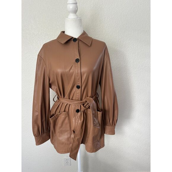 ZARA Vegan Leather Jacket Camel Short Trench Coat Size Medium - Picture 1 of 11